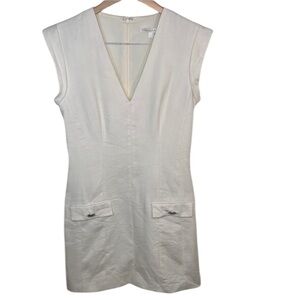 Veronica Beard White Linen Cap Sleeve Deep V Mini Dress Women Size 4 BLEMISH